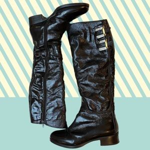 Le Pepe Knee High Patent Leather Fur Shearling Lined Boots - Black 7 1/2